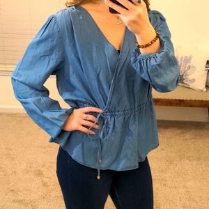 MICHAEL Michael Kors NWT large L chambray dropped peplum blue long sleeve top